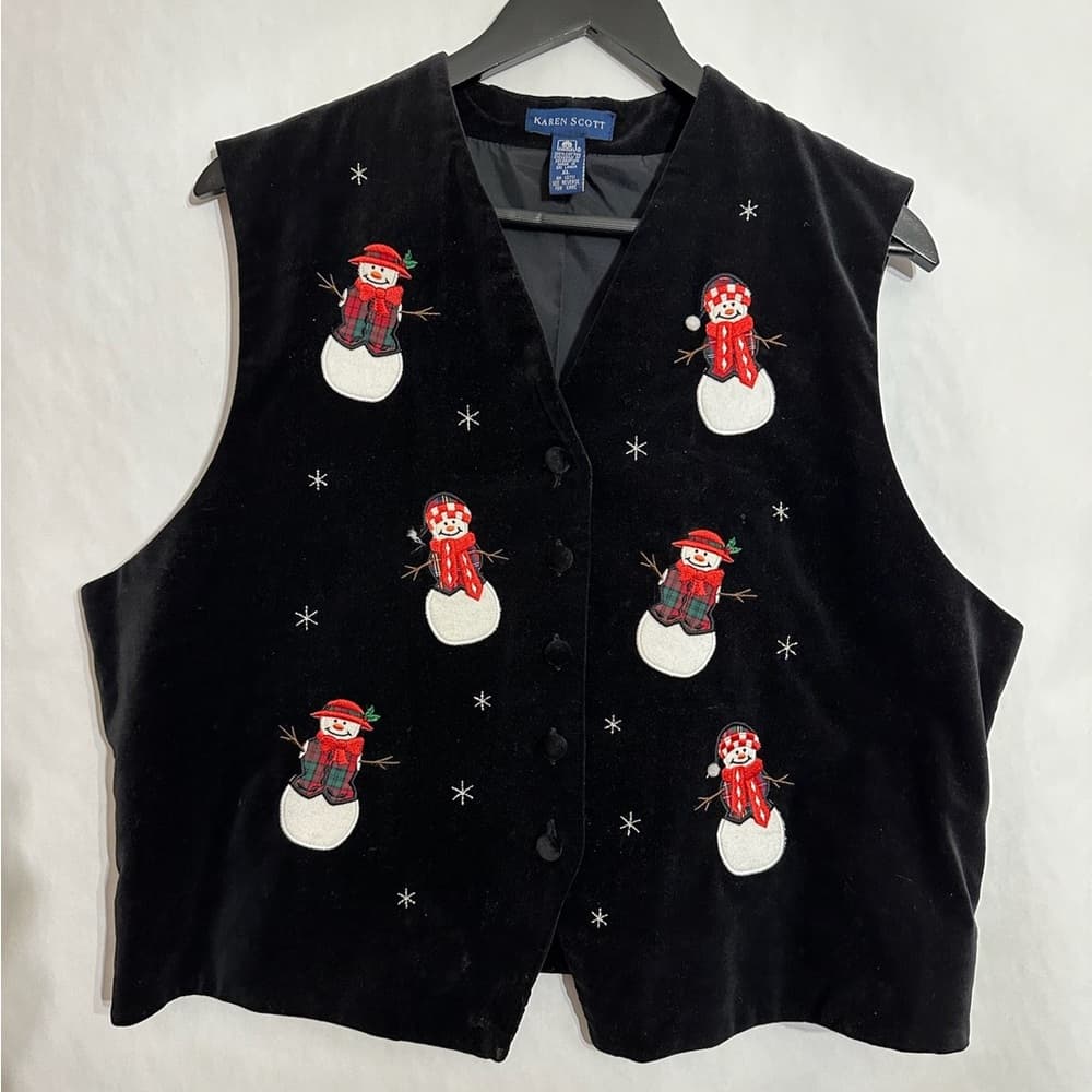 Karen Scott Snowman Embroidered Black Holiday Vest Christmas Holiday Size XL