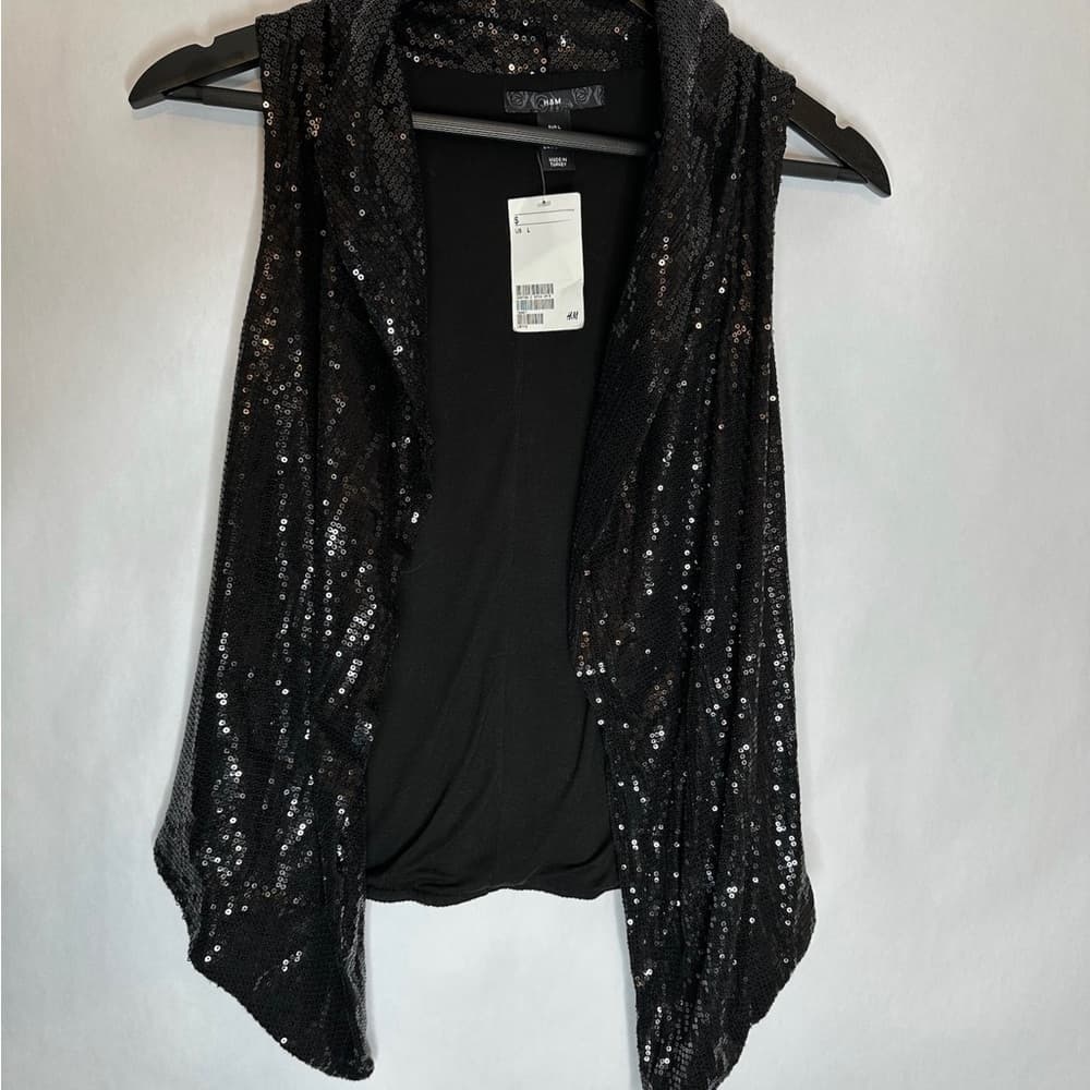 NWT H&M Black Sequin Draped Open Front Vest Size Large Y2K Evening Glam Holiday - Thumbnail 4