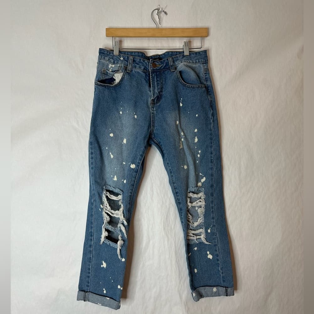 Forever 21 Ripped Distressed Paint Splatter Boyfriend Cropped Jeans Y2K Medium