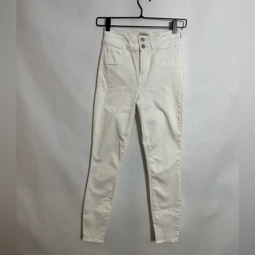 L'Agence White Blanc Peyton High-Rise Skinny Jeans w/ Double Waistband Size 24 - Thumbnail 3