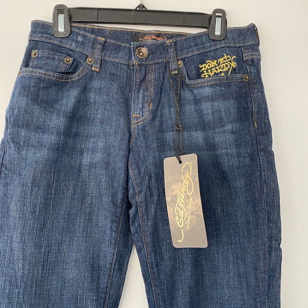 NWT Ed Hardy Deadstock Y2K Name Script Booty Denim Jeans Women Sz 29 Super Low - Thumbnail 2