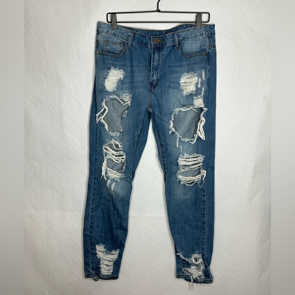Windsor Distressed Crop Jeans Medium Wash Ripped Denim Size 32 / 13 Bikercore
