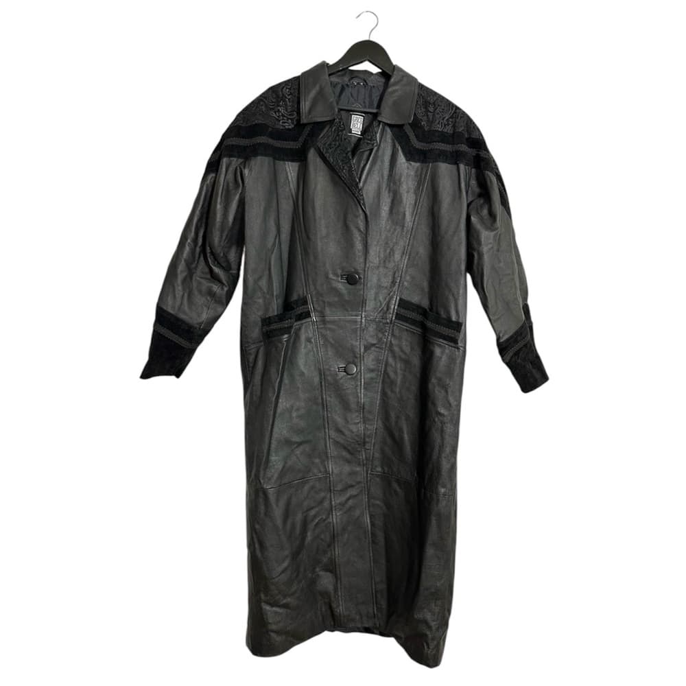 Greg Bell Women Black Leather Long Coat Paisley & Suede Trim Vintage Size Medium - Thumbnail 11
