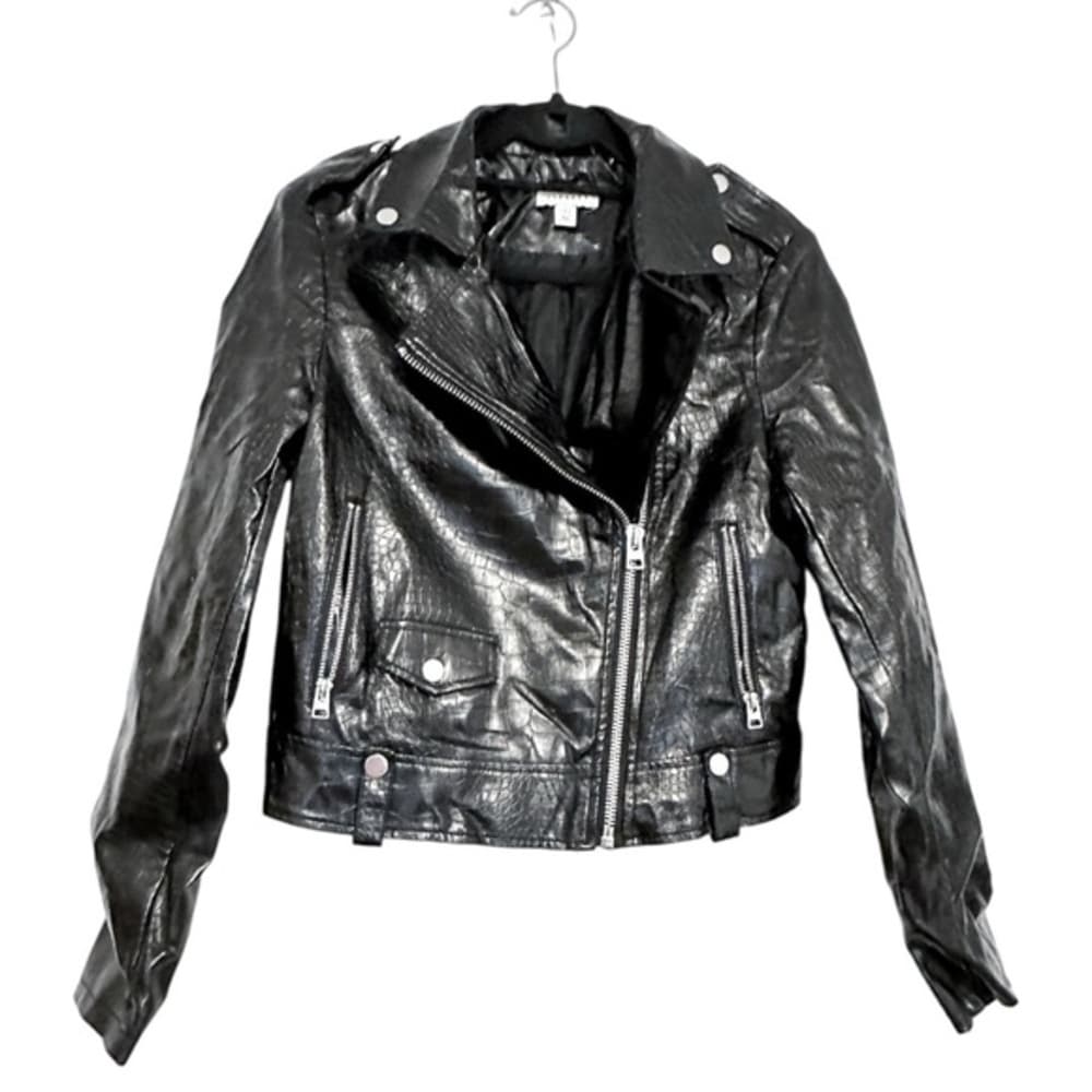 Topshop Black Faux Leather Shine Moto Jacket Croc Embossed Zip Biker US 4 Shiny - Thumbnail 11