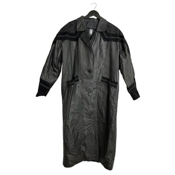 Greg Bell Women Black Leather Long Coat Paisley & Suede Trim Vintage Size Medium - Thumbnail 12
