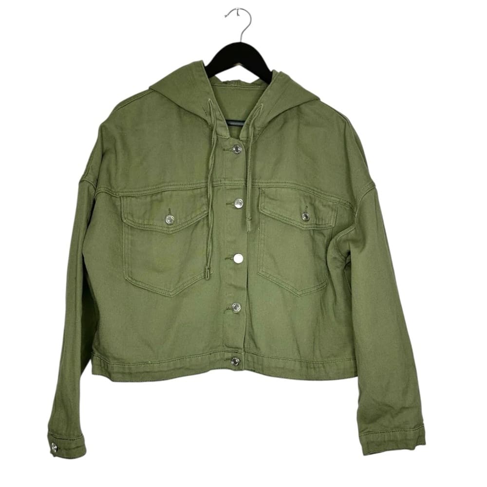 SHEIN Olive Green Cropped Denim Hoodie Jacket Utility Style Size Large Gorpcore - Thumbnail 7