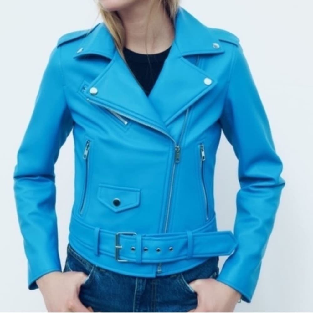 ZARA Faux Leather Blue Moto Jacket XS Biker Blogger Favorite TikTok Style - Thumbnail 14