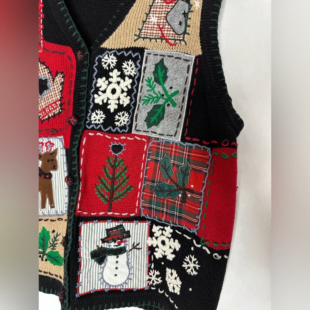 Victoria Jones Patchwork Christmas Ugly Vest Snowman Reindeer Holiday Large - Thumbnail 13