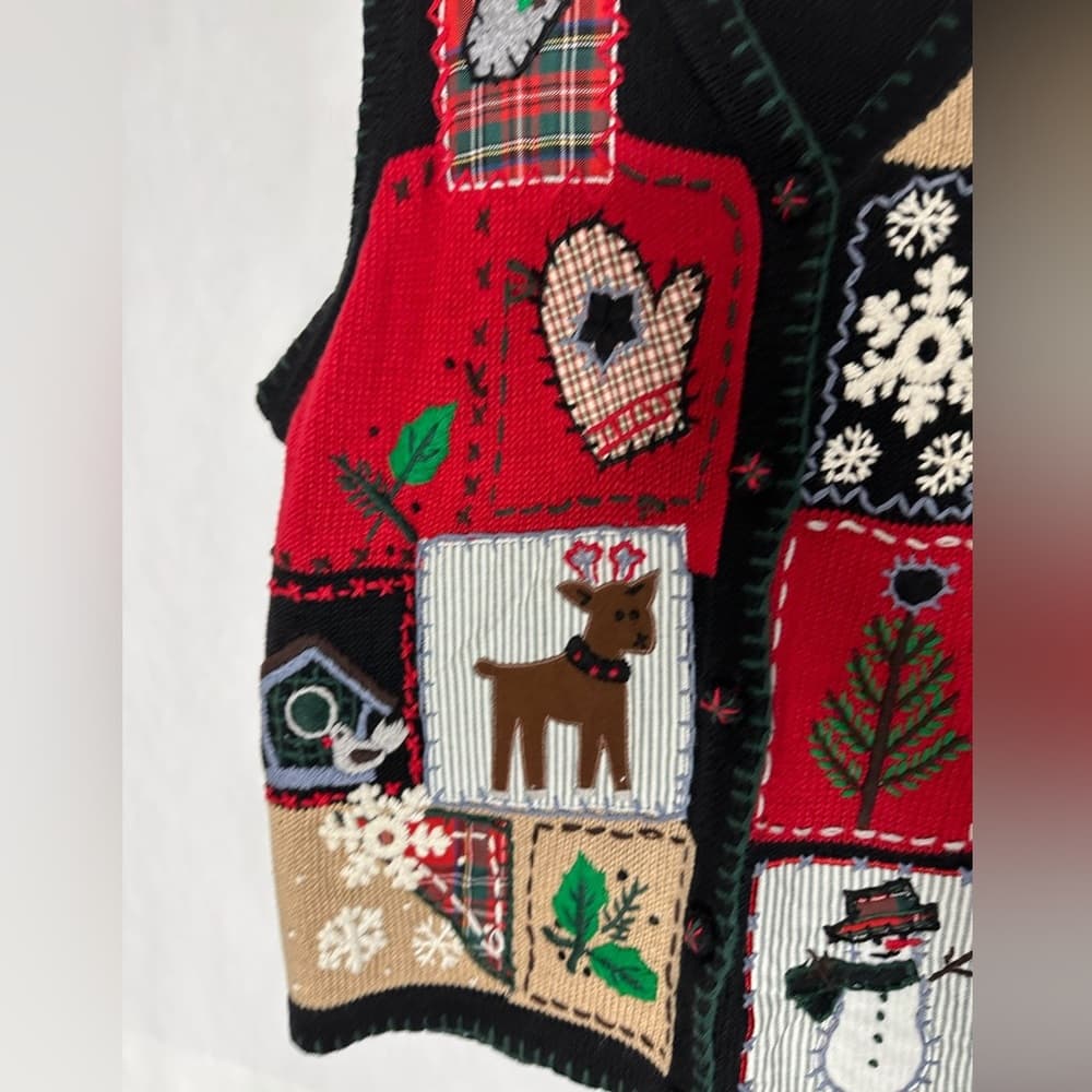 Victoria Jones Patchwork Christmas Ugly Vest Snowman Reindeer Holiday Large - Thumbnail 14