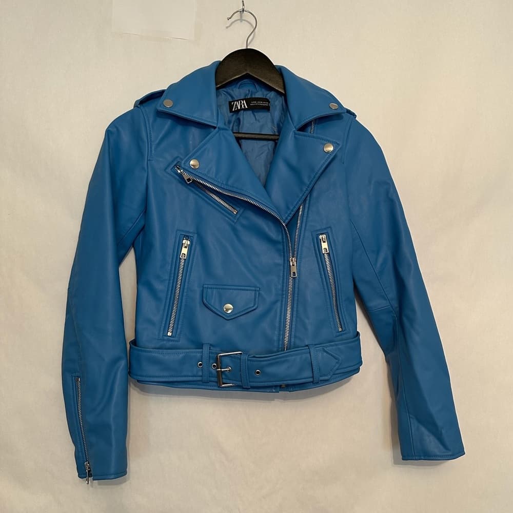 ZARA Faux Leather Blue Moto Jacket XS Biker Blogger Favorite TikTok Style - Thumbnail 5
