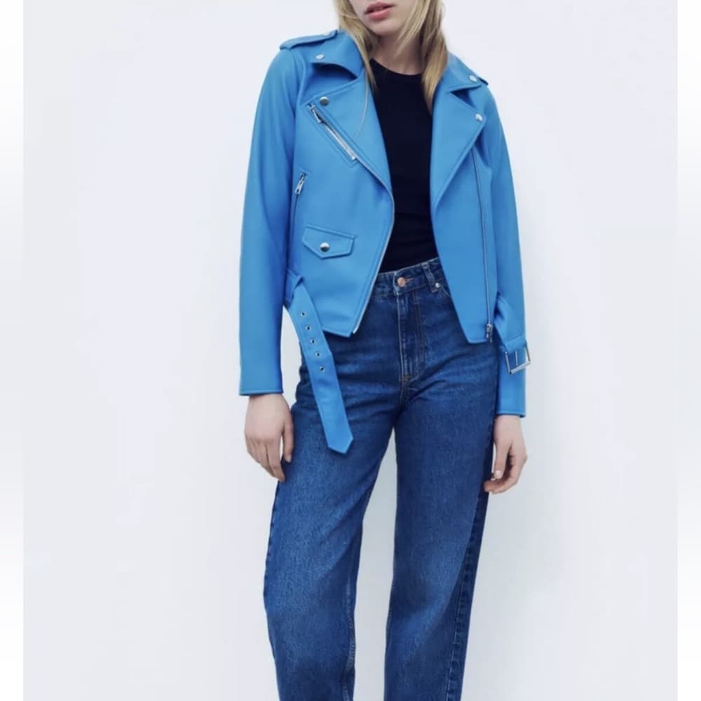 ZARA Faux Leather Blue Moto Jacket XS Biker Blogger Favorite TikTok Style - Thumbnail 12