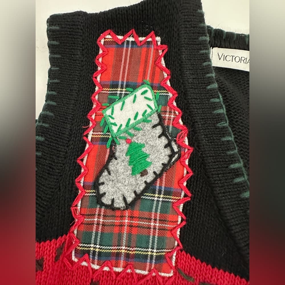Victoria Jones Patchwork Christmas Ugly Vest Snowman Reindeer Holiday Large - Thumbnail 4