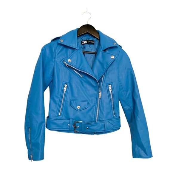 ZARA Faux Leather Blue Moto Jacket XS Biker Blogger Favorite TikTok Style - Thumbnail 16