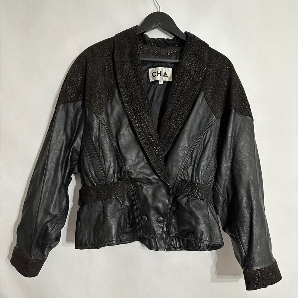 CHIA Black Leather Textured Jacket Blazer Beaded Trim Blazer Style Size Large - Thumbnail 4