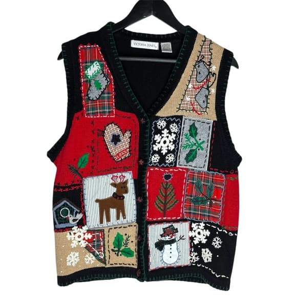 Victoria Jones Patchwork Christmas Ugly Vest Snowman Reindeer Holiday Large - Thumbnail 17