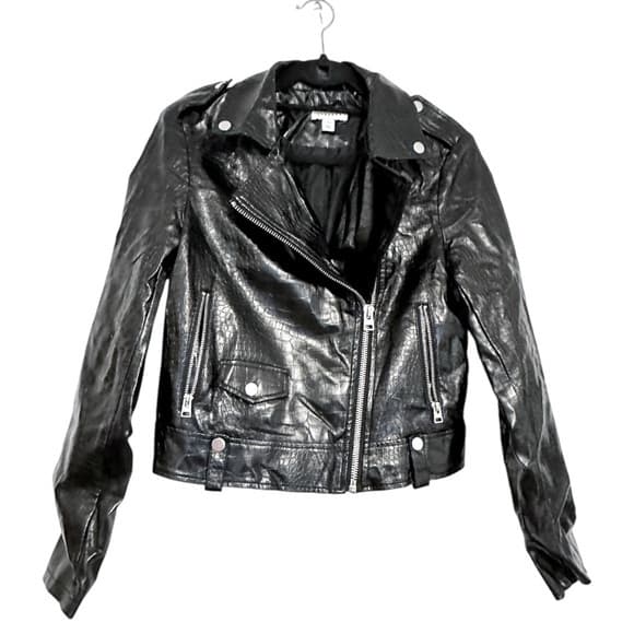 Topshop Black Faux Leather Shine Moto Jacket Croc Embossed Zip Biker US 4 Shiny - Thumbnail 12