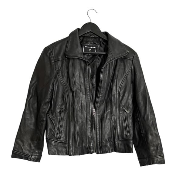 Portrait Black Genuine Leather Jacket Vintage Zip Front Size PL Petite Large - Thumbnail 10