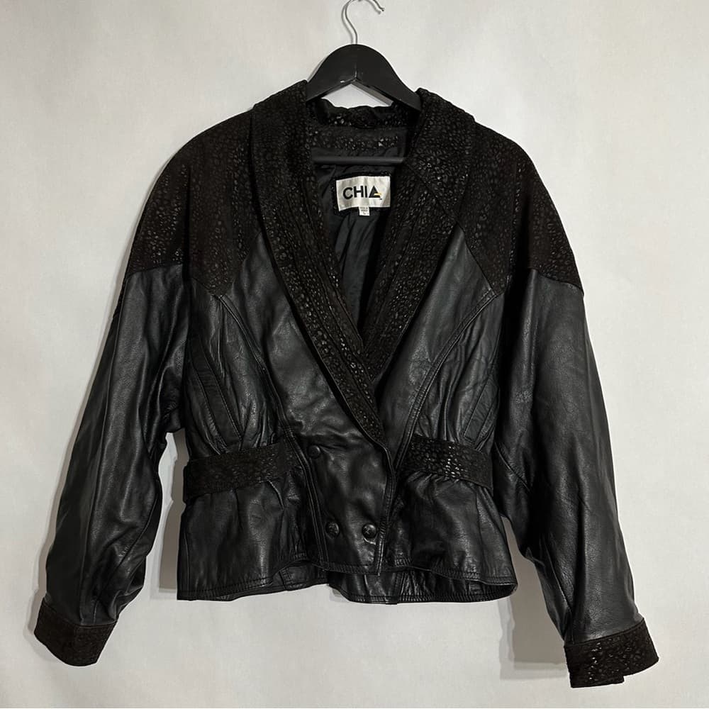 CHIA Black Leather Textured Jacket Blazer Beaded Trim Blazer Style Size Large