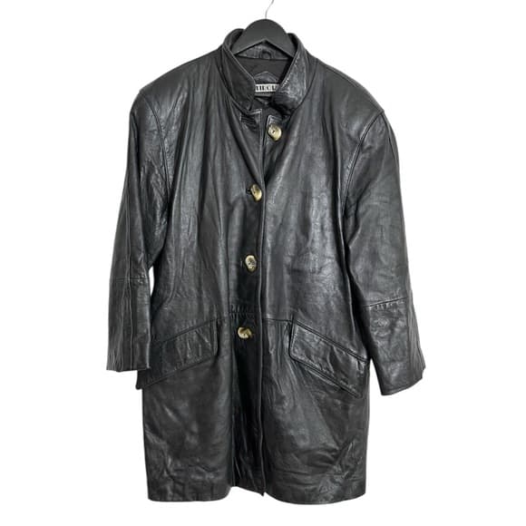 Tibor Black Longline Genuine Leather Coat Button Front Vintage Medium - Thumbnail 9