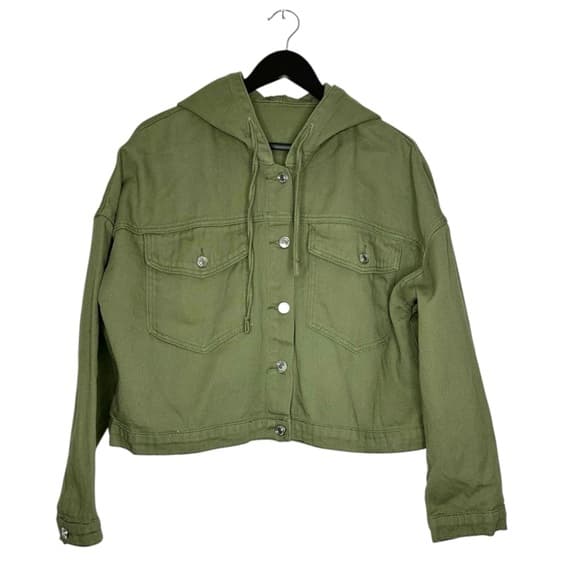 SHEIN Olive Green Cropped Denim Hoodie Jacket Utility Style Size Large Gorpcore - Thumbnail 8