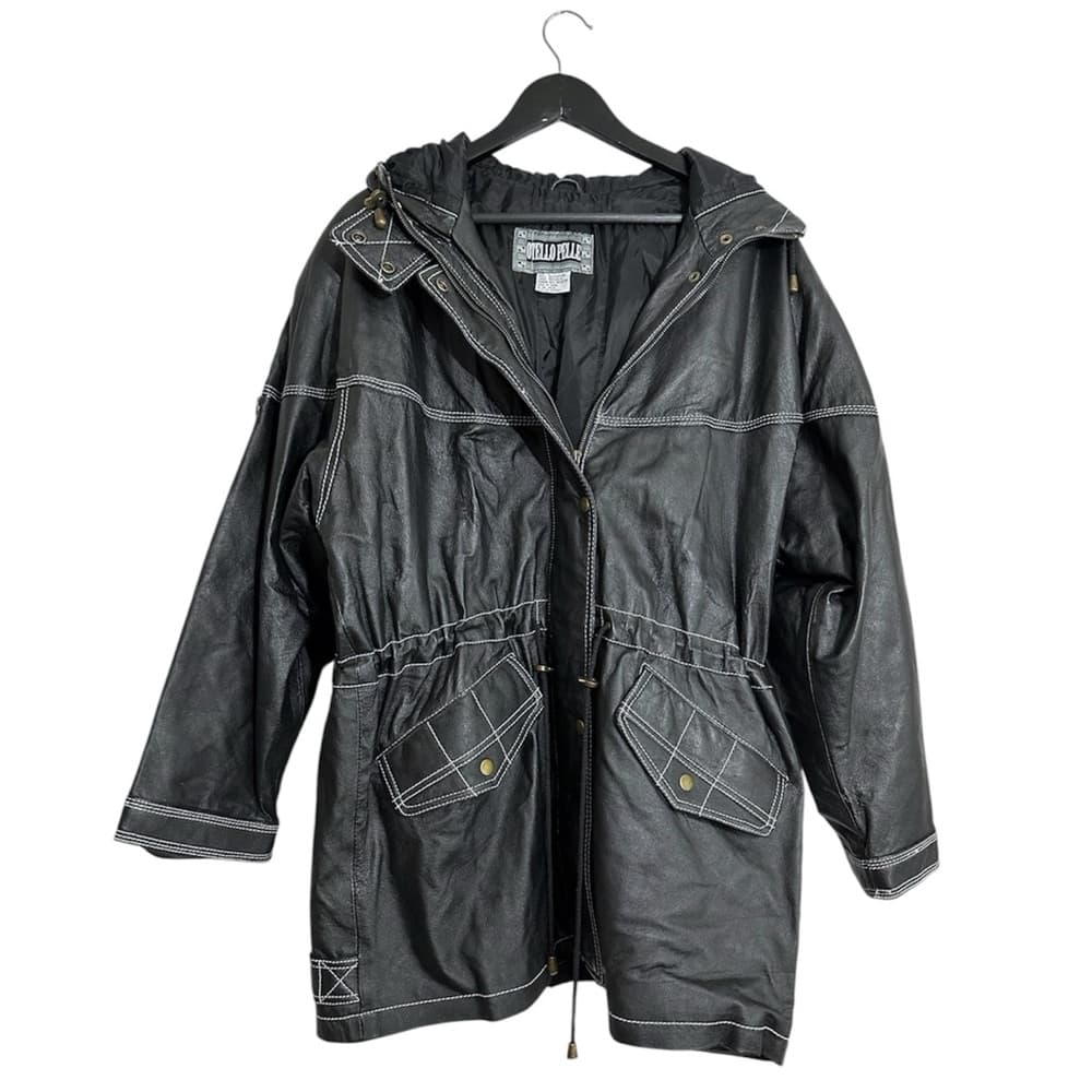 Otello Pelle Black Leather Hooded Vintage Jacket White Stitching Size Large - Thumbnail 13
