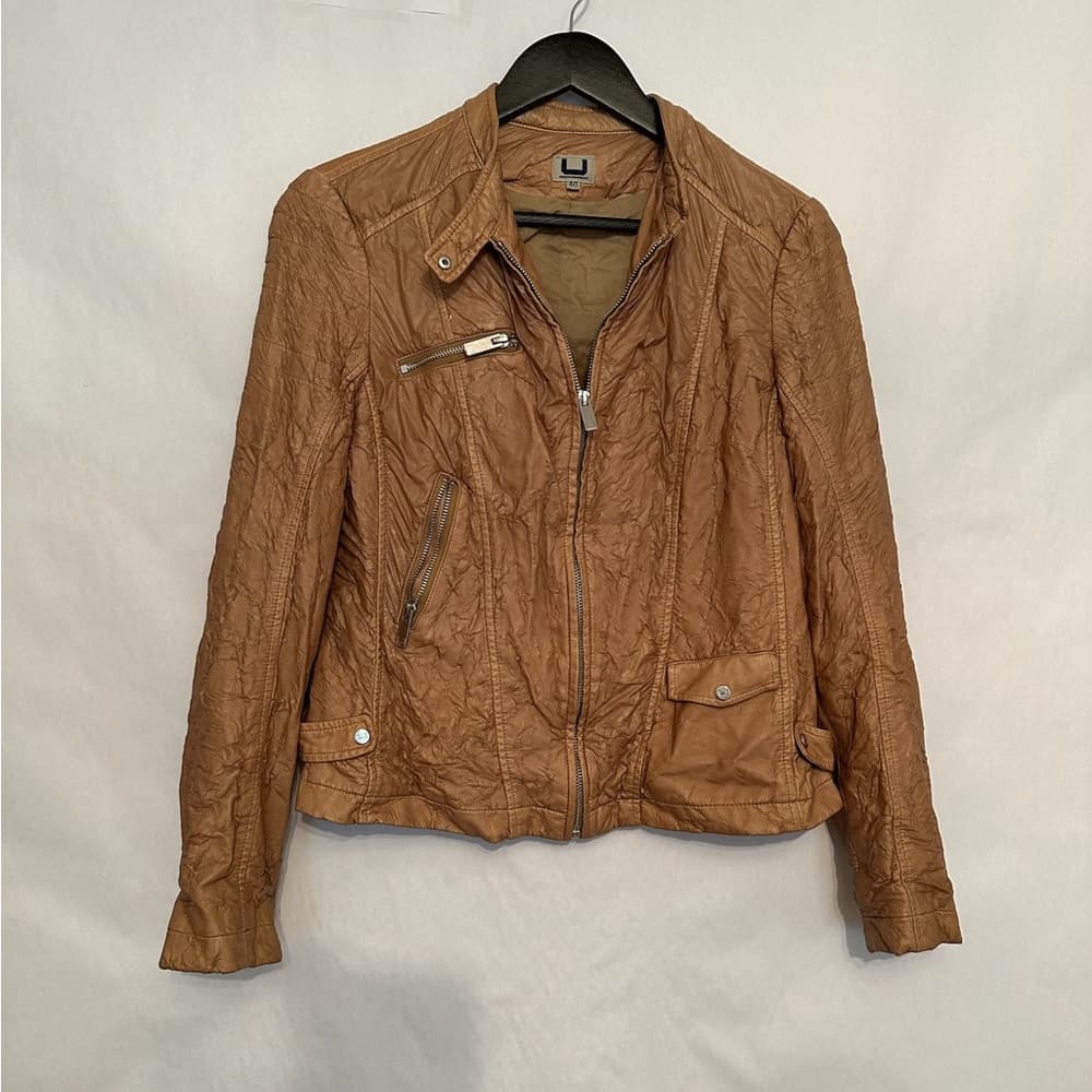 Adolfo Dominguez Crinkled Leather Jacket Moto in Cognac Tan Vintage EU40 / US 8