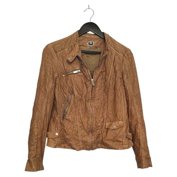 Adolfo Dominguez Crinkled Leather Jacket Moto in Cognac Tan Vintage EU40 / US 8 - Thumbnail 9