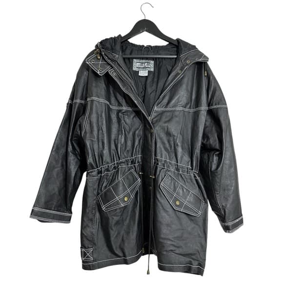 Otello Pelle Black Leather Hooded Vintage Jacket White Stitching Size Large - Thumbnail 14