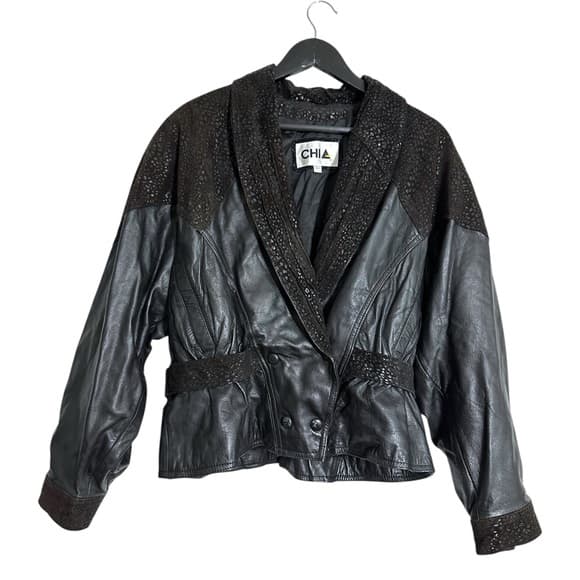 CHIA Black Leather Textured Jacket Blazer Beaded Trim Blazer Style Size Large - Thumbnail 12
