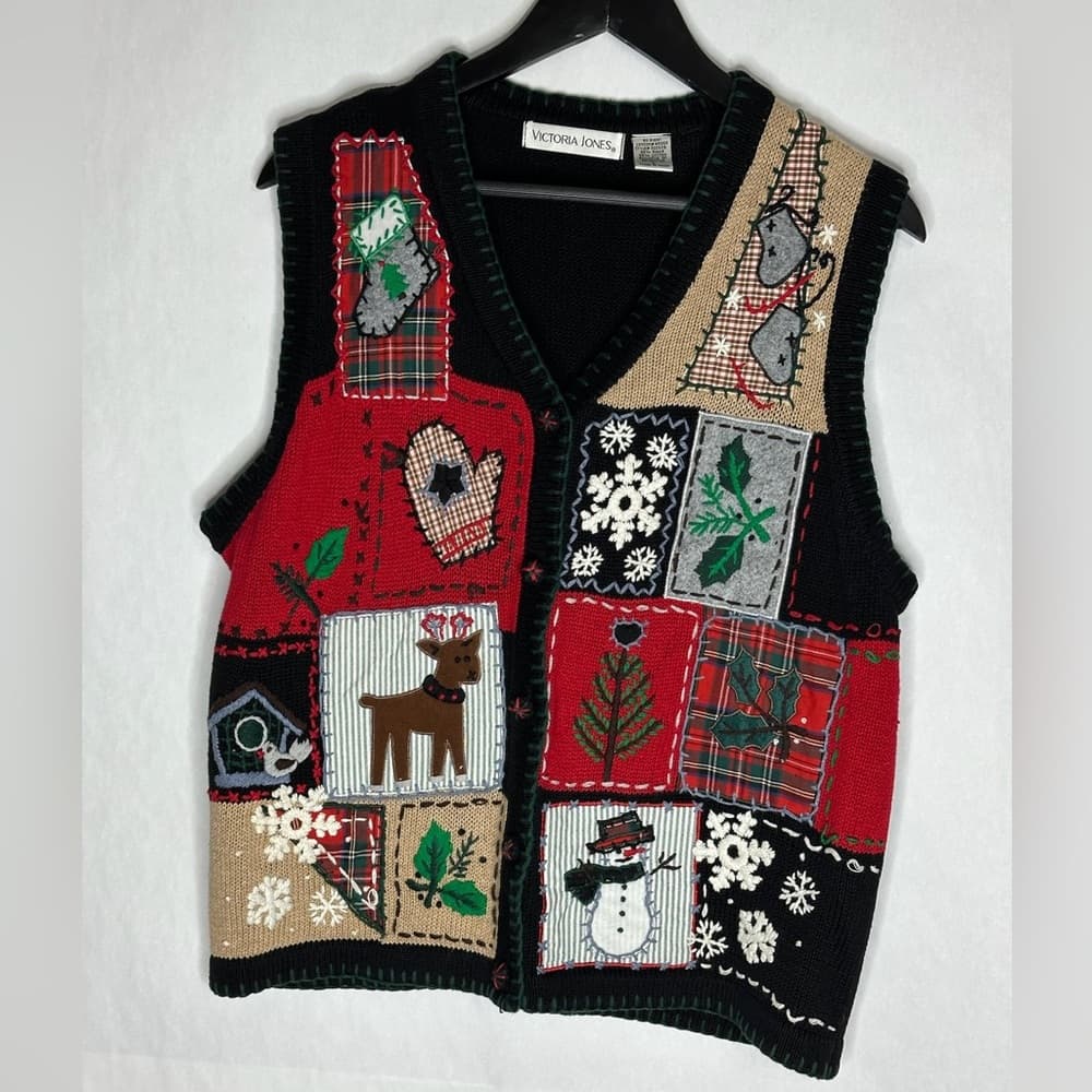 Victoria Jones Patchwork Christmas Ugly Vest Snowman Reindeer Holiday Large - Thumbnail 15