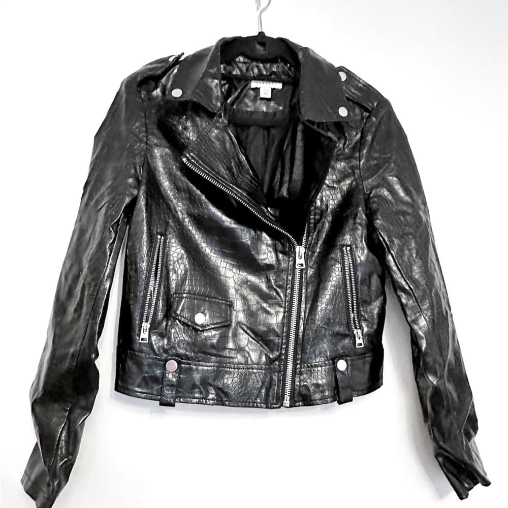 Topshop Black Faux Leather Shine Moto Jacket Croc Embossed Zip Biker US 4 Shiny