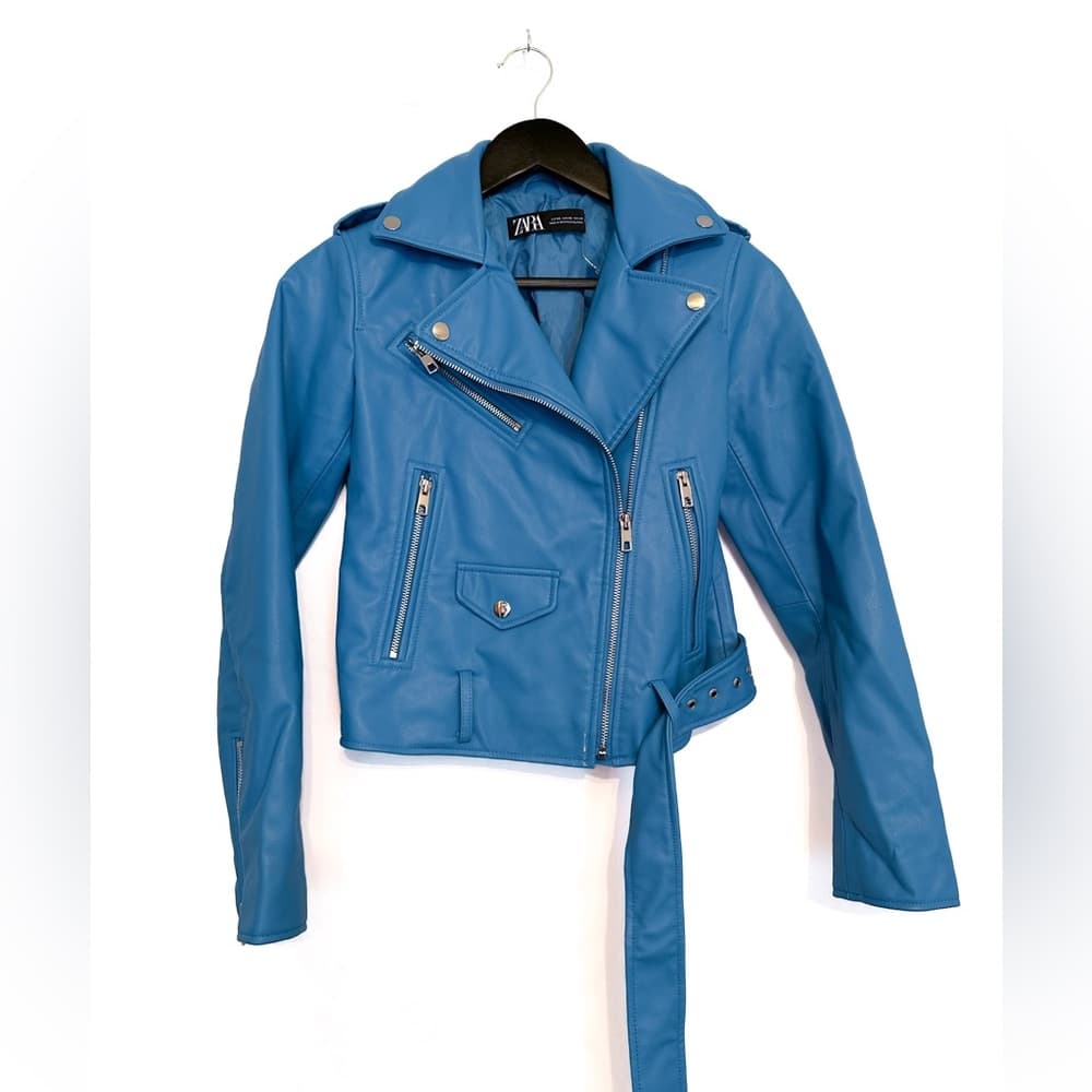 ZARA Faux Leather Blue Moto Jacket XS Biker Blogger Favorite TikTok Style - Thumbnail 2