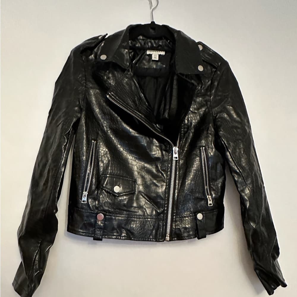 Topshop Black Faux Leather Shine Moto Jacket Croc Embossed Zip Biker US 4 Shiny - Thumbnail 4