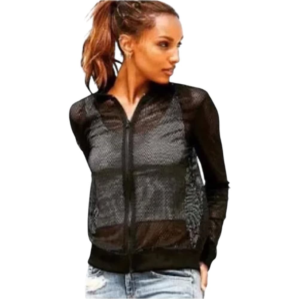 Victoria’s Secret Sport Y2K Black Mesh Bomber Jacket Size Small Workout Baddie
