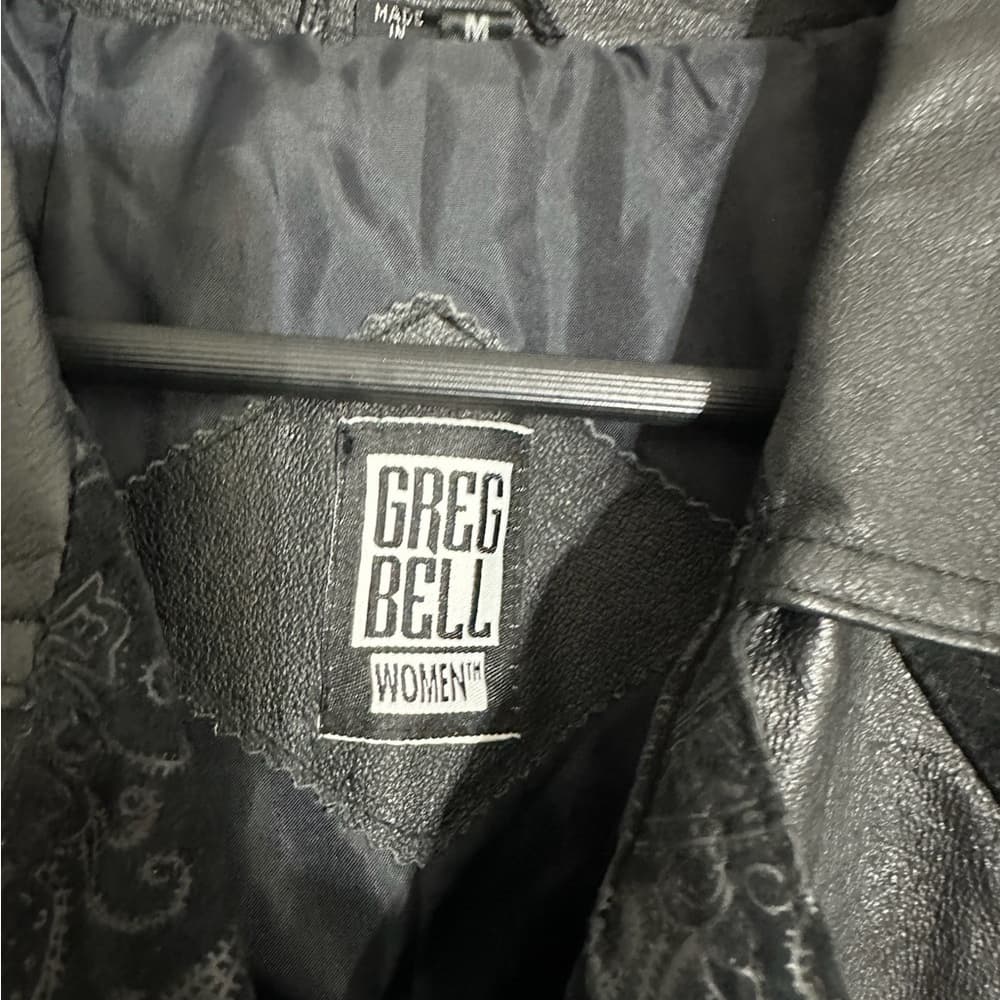 Greg Bell Women Black Leather Long Coat Paisley & Suede Trim Vintage Size Medium - Thumbnail 7