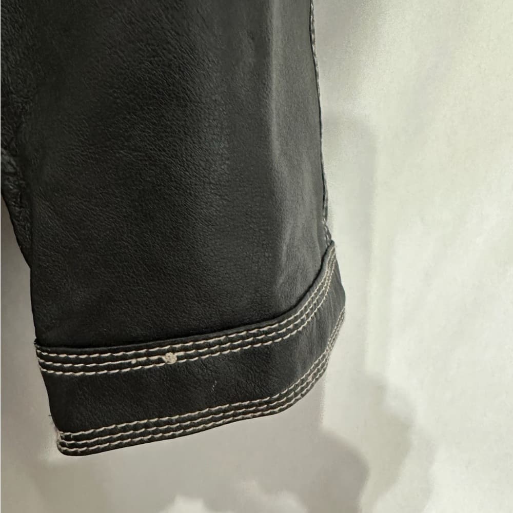 Otello Pelle Black Leather Hooded Vintage Jacket White Stitching Size Large - Thumbnail 5
