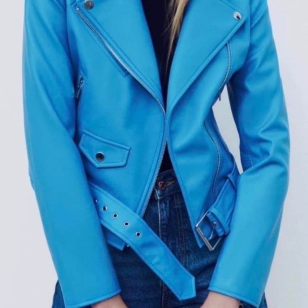 ZARA Faux Leather Blue Moto Jacket XS Biker Blogger Favorite TikTok Style - Thumbnail 11