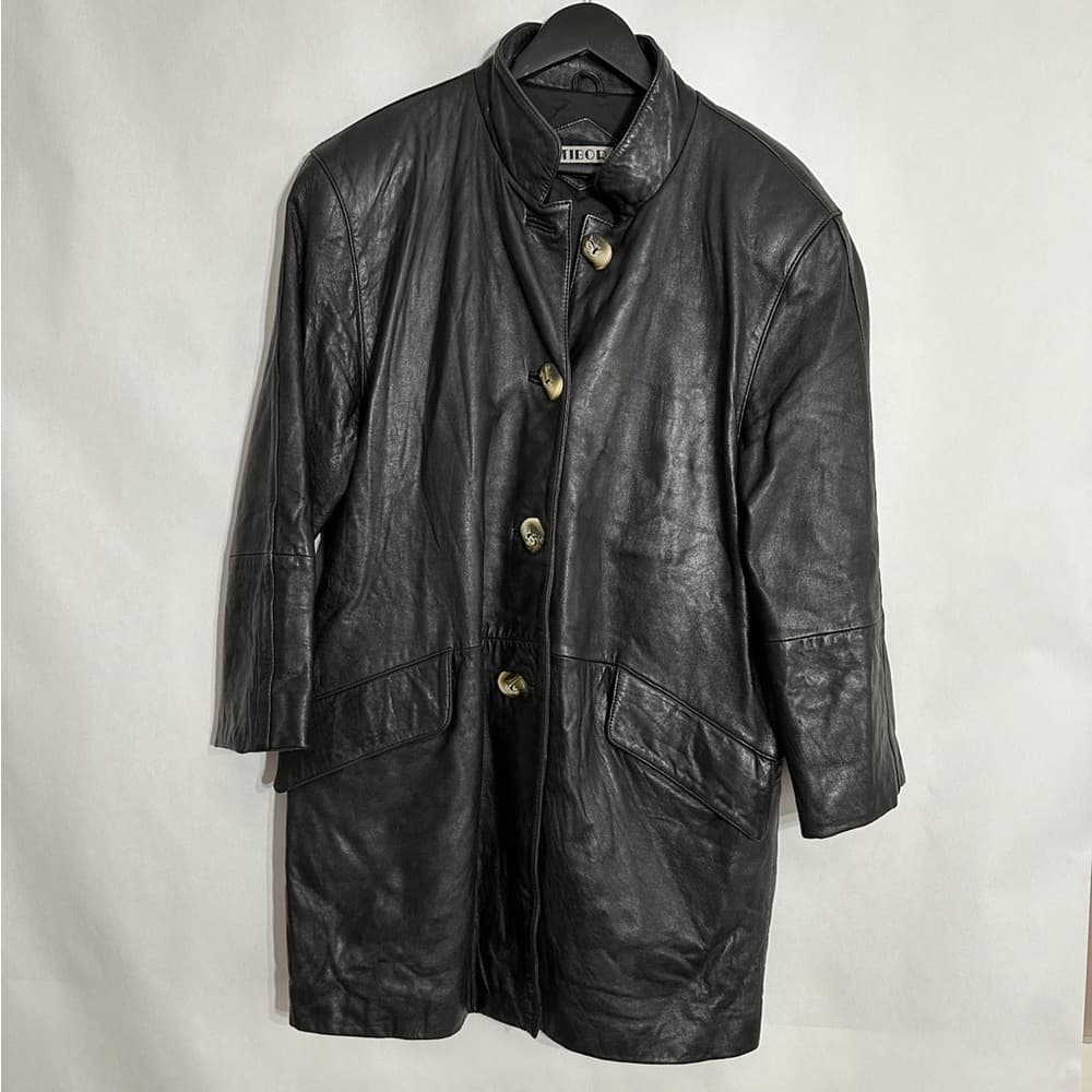 Tibor Black Longline Genuine Leather Coat Button Front Vintage Medium