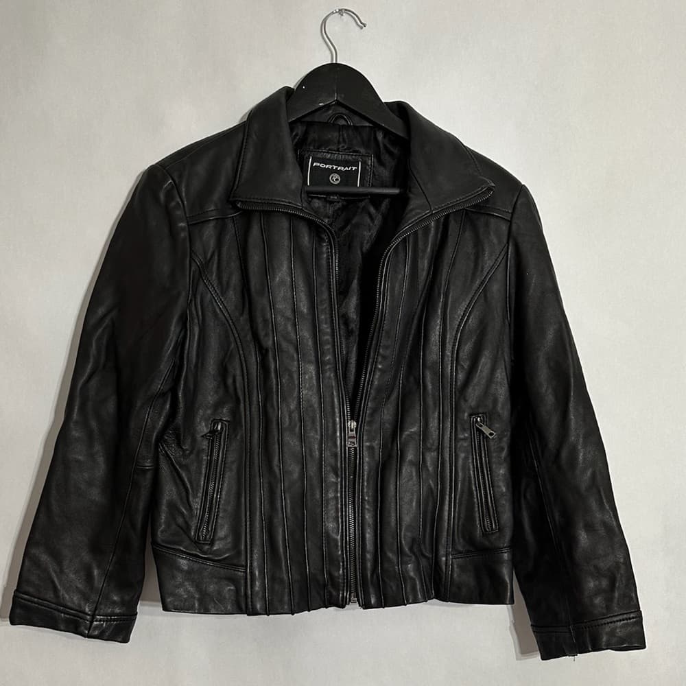 Portrait Black Genuine Leather Jacket Vintage Zip Front Size PL Petite Large