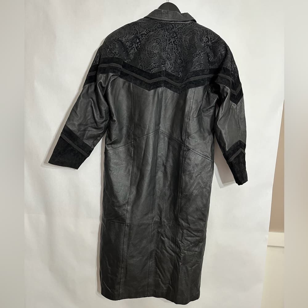 Greg Bell Women Black Leather Long Coat Paisley & Suede Trim Vintage Size Medium - Thumbnail 6
