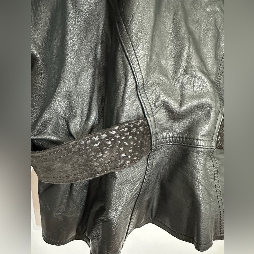 CHIA Black Leather Textured Jacket Blazer Beaded Trim Blazer Style Size Large - Thumbnail 8