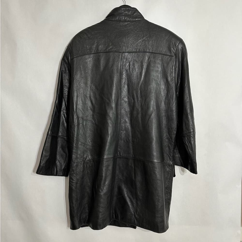 Tibor Black Longline Genuine Leather Coat Button Front Vintage Medium - Thumbnail 4