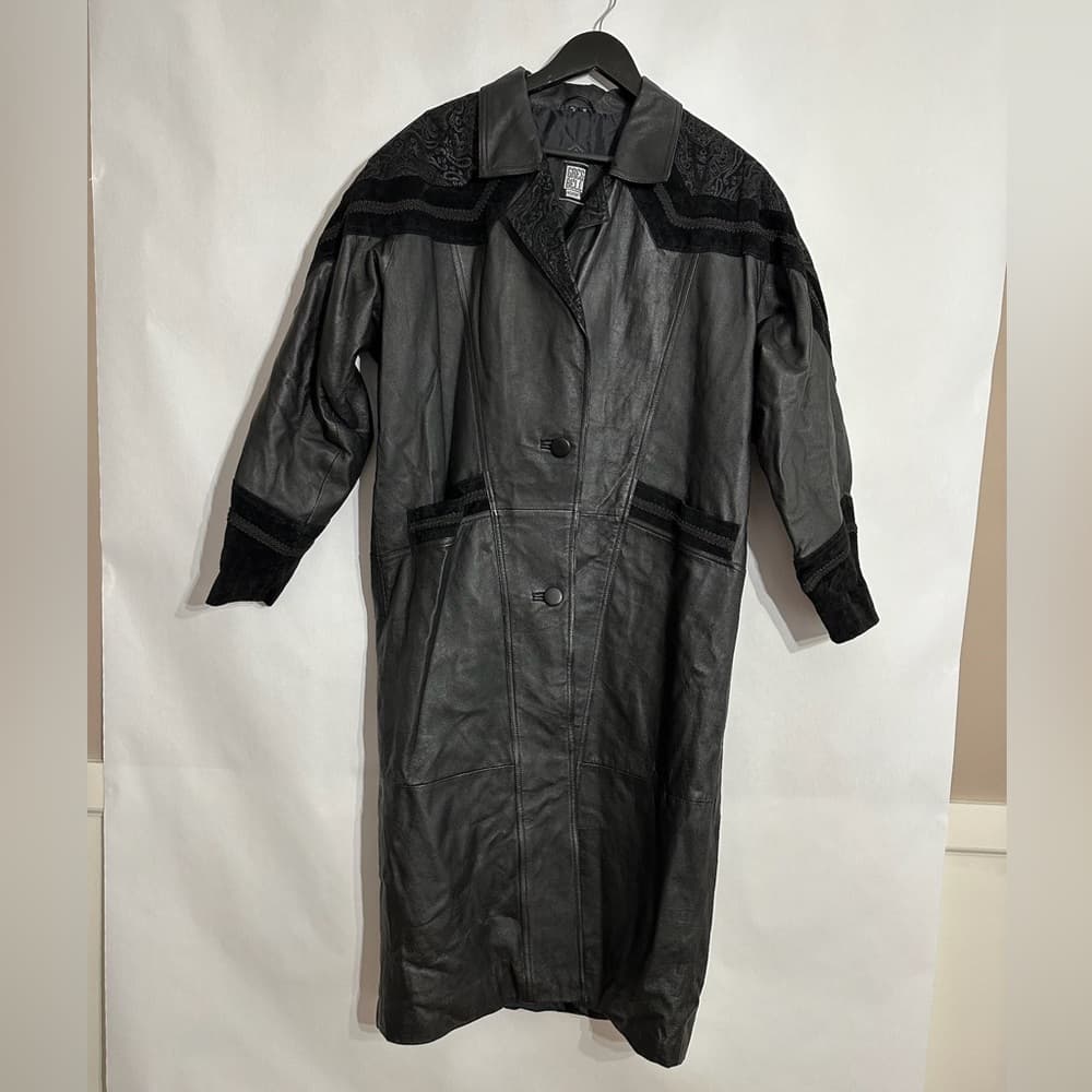 Greg Bell Women Black Leather Long Coat Paisley & Suede Trim Vintage Size Medium - Thumbnail 8