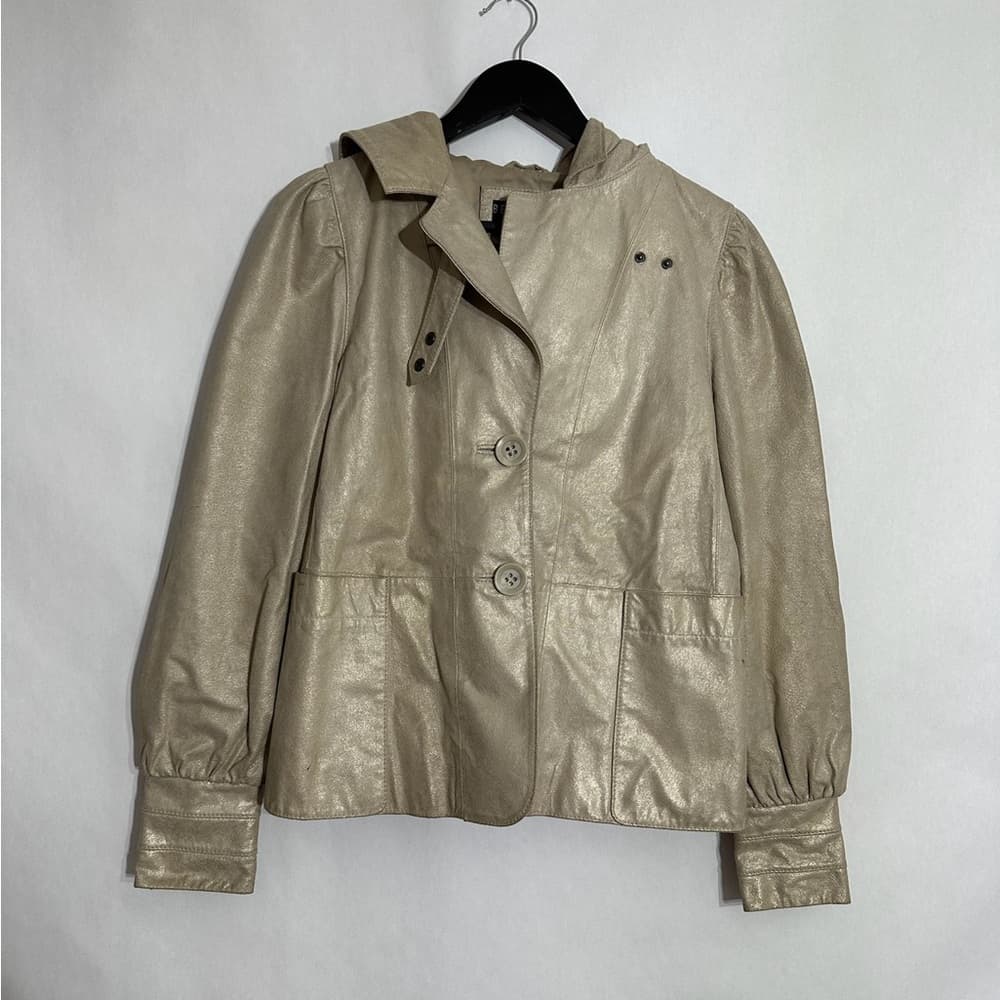 Bernardo Metallic Leather Hooded Jacket Button Front Vintage Size Small