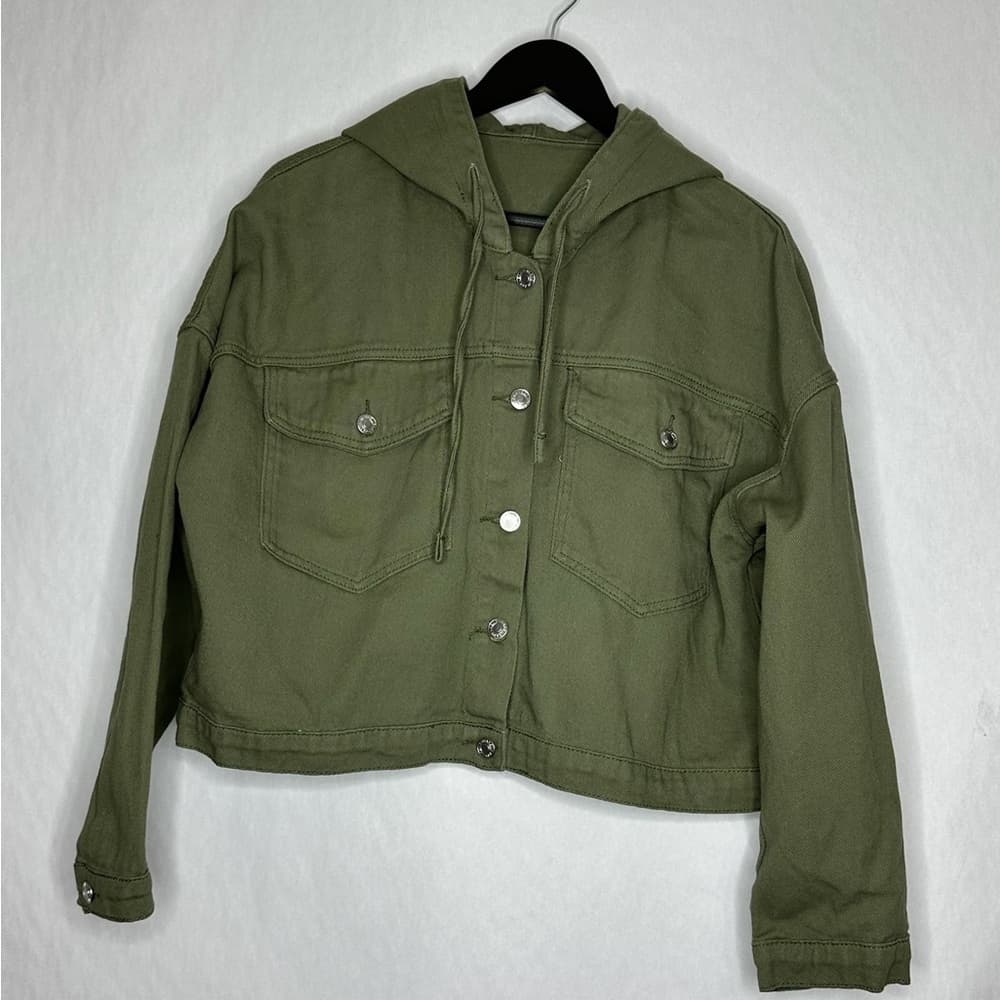 SHEIN Olive Green Cropped Denim Hoodie Jacket Utility Style Size Large Gorpcore - Thumbnail 2