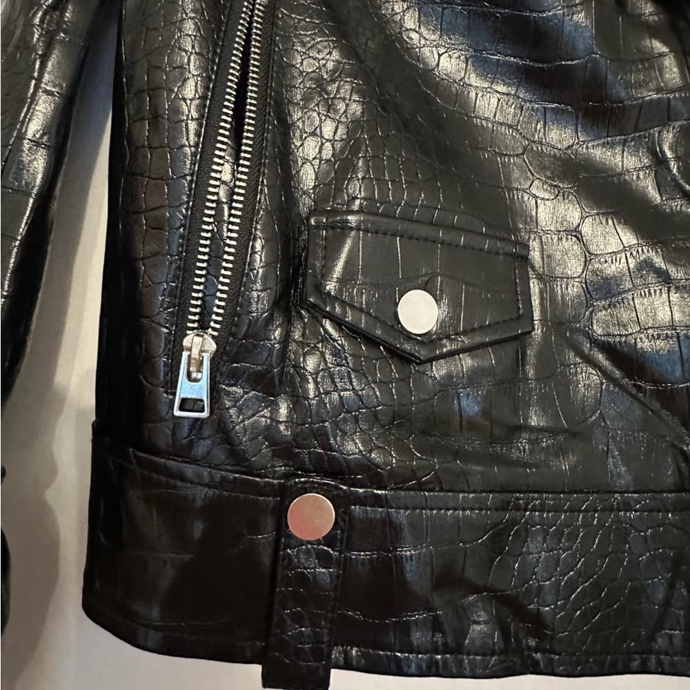 Topshop Black Faux Leather Shine Moto Jacket Croc Embossed Zip Biker US 4 Shiny - Thumbnail 5