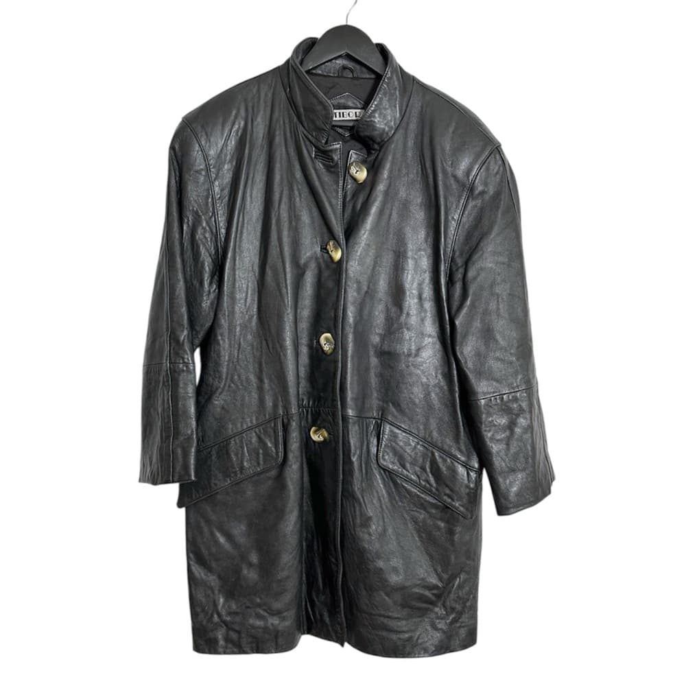 Tibor Black Longline Genuine Leather Coat Button Front Vintage Medium - Thumbnail 8