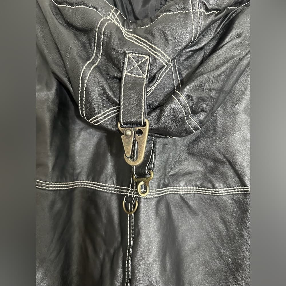 Otello Pelle Black Leather Hooded Vintage Jacket White Stitching Size Large - Thumbnail 12