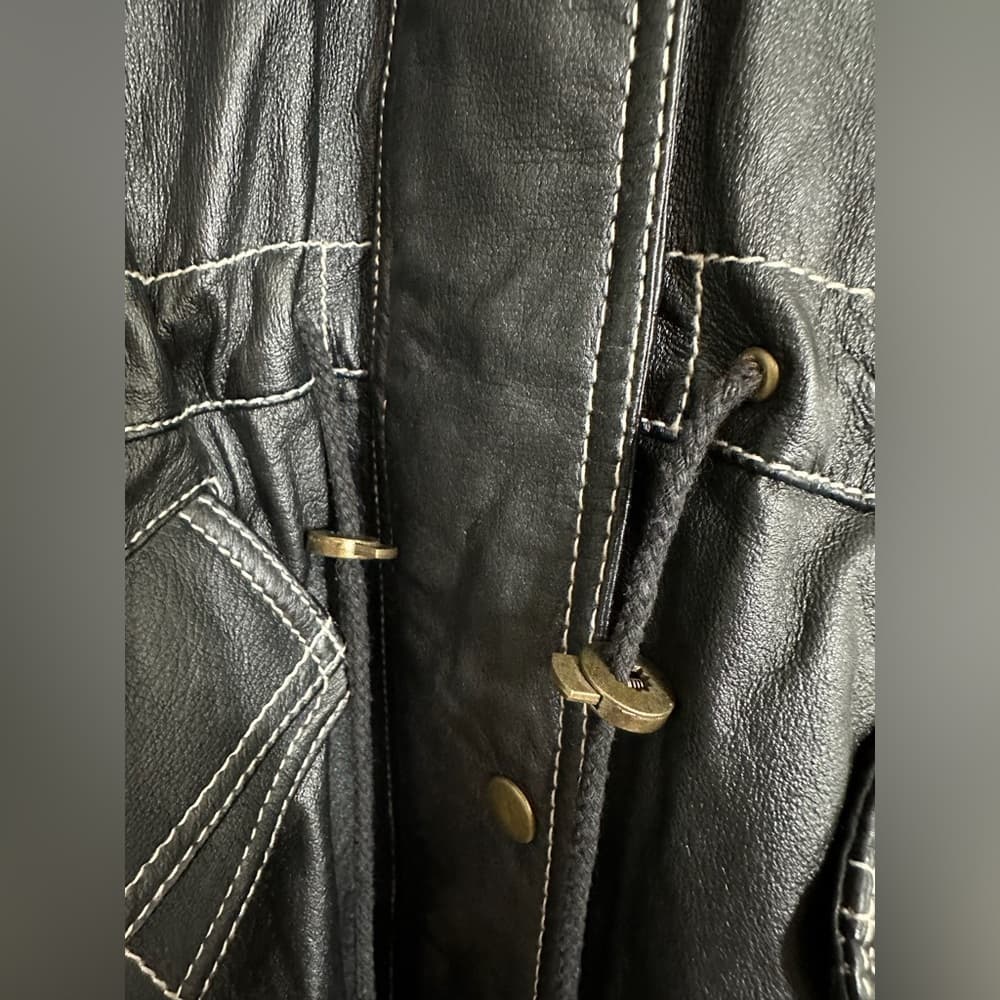 Otello Pelle Black Leather Hooded Vintage Jacket White Stitching Size Large - Thumbnail 3