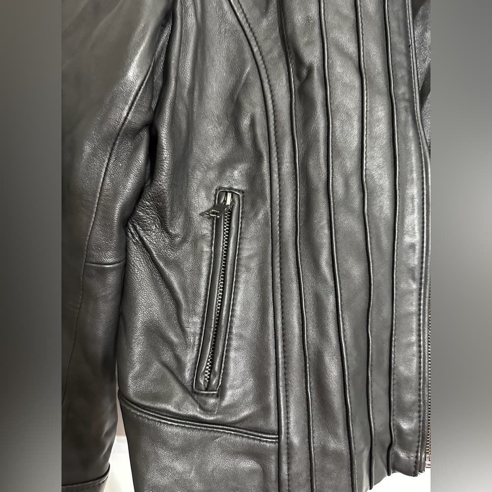 Portrait Black Genuine Leather Jacket Vintage Zip Front Size PL Petite Large - Thumbnail 2